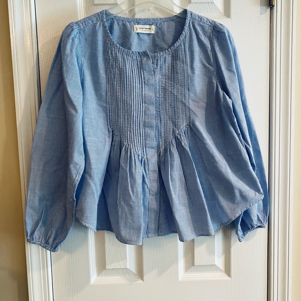 Lucky Brand Blue Blouse with Pintucks and Peplum Hem
